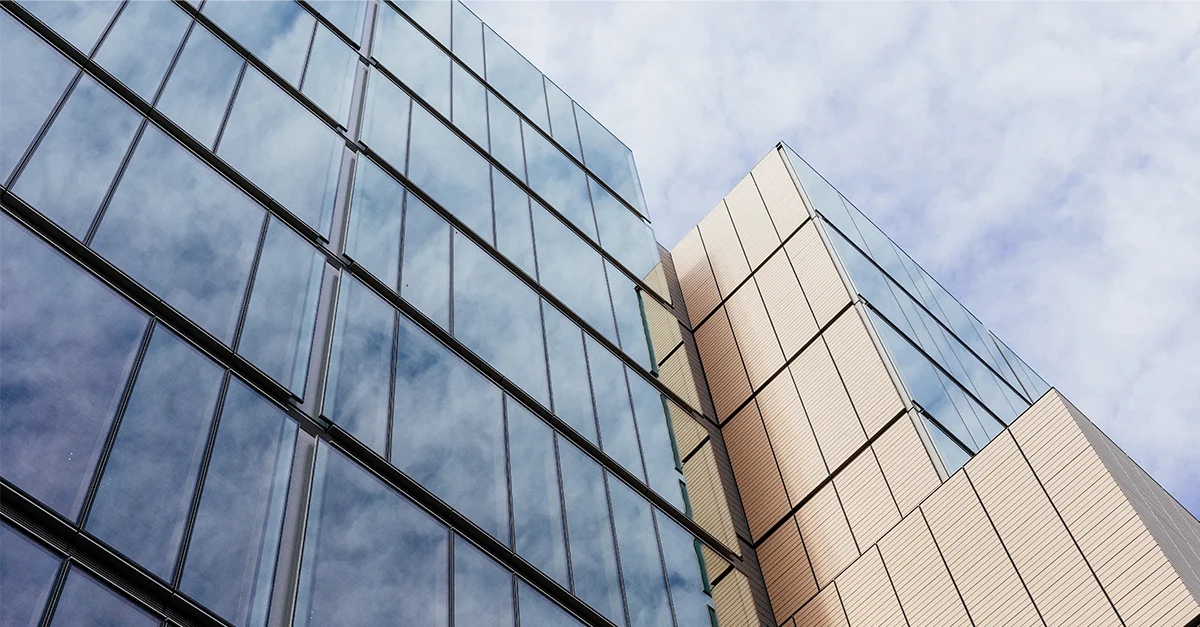 Street view of architectural building with glass front