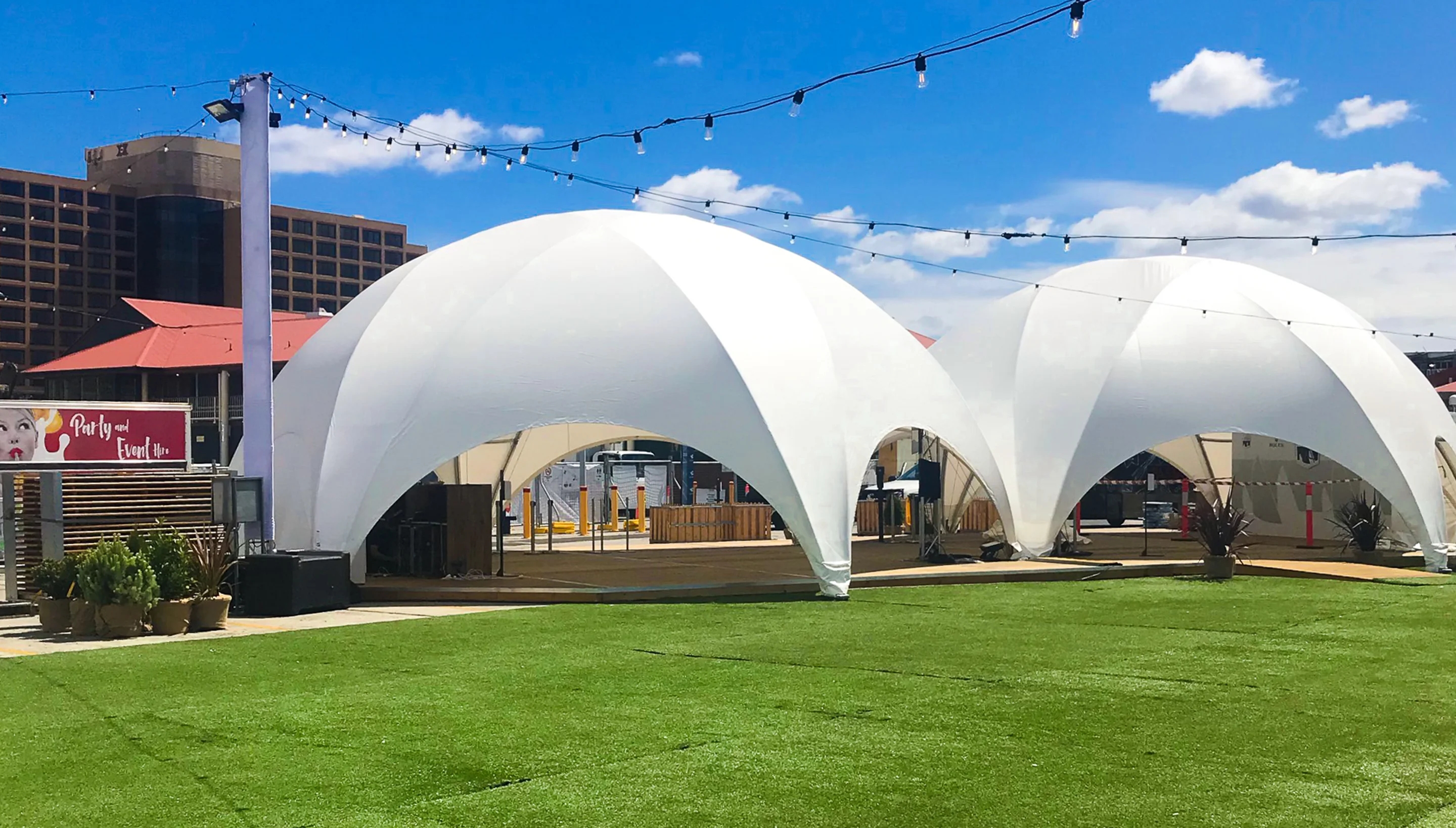 Outdoor tent setup in a courtyard